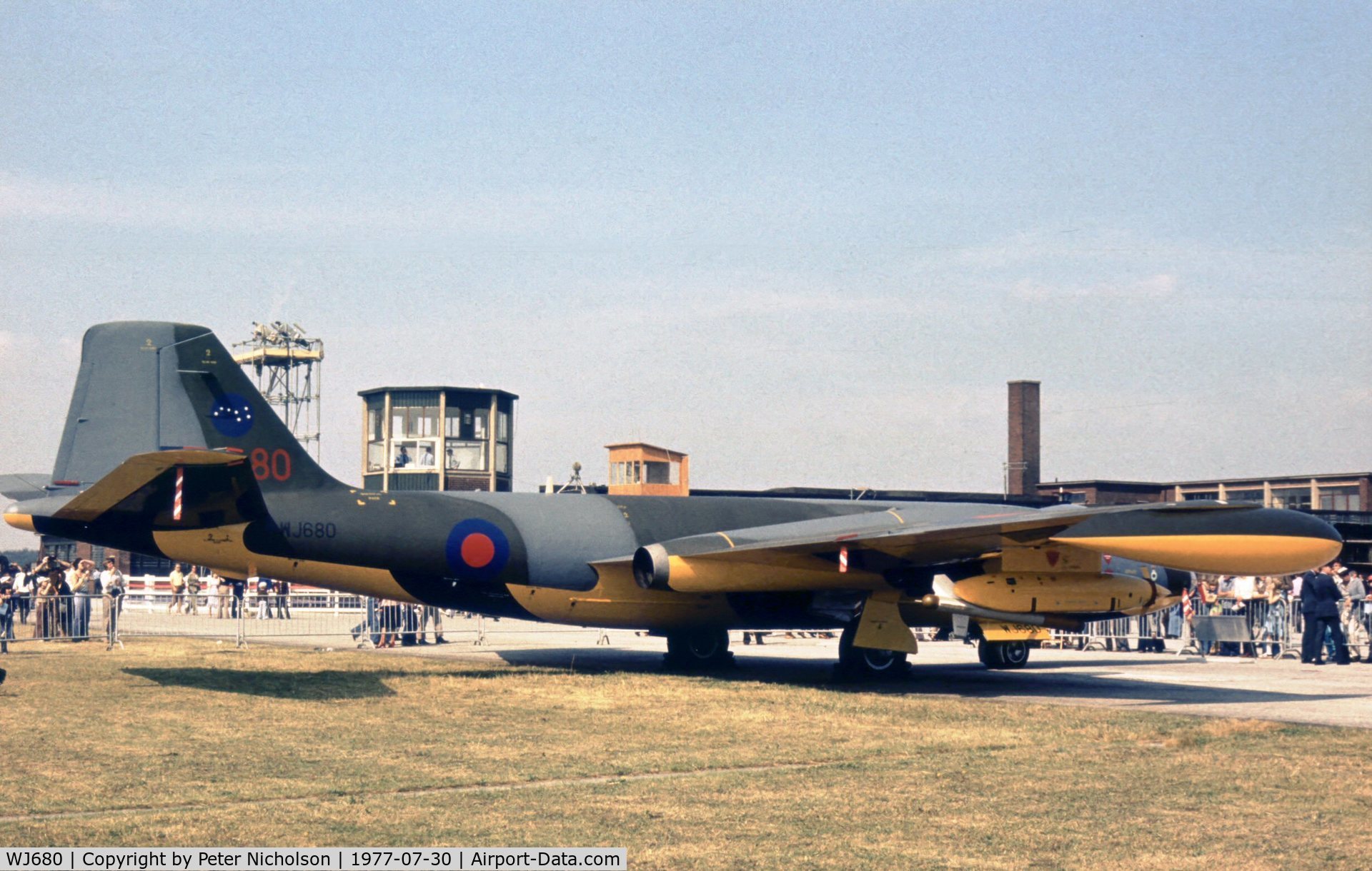 WJ680, 1955 English Electric Canberra TT.18 C/N EEP71324, Canberra TT.18 of 7 Squadron on display at the 1977 Royal Review at RAF Finningley.