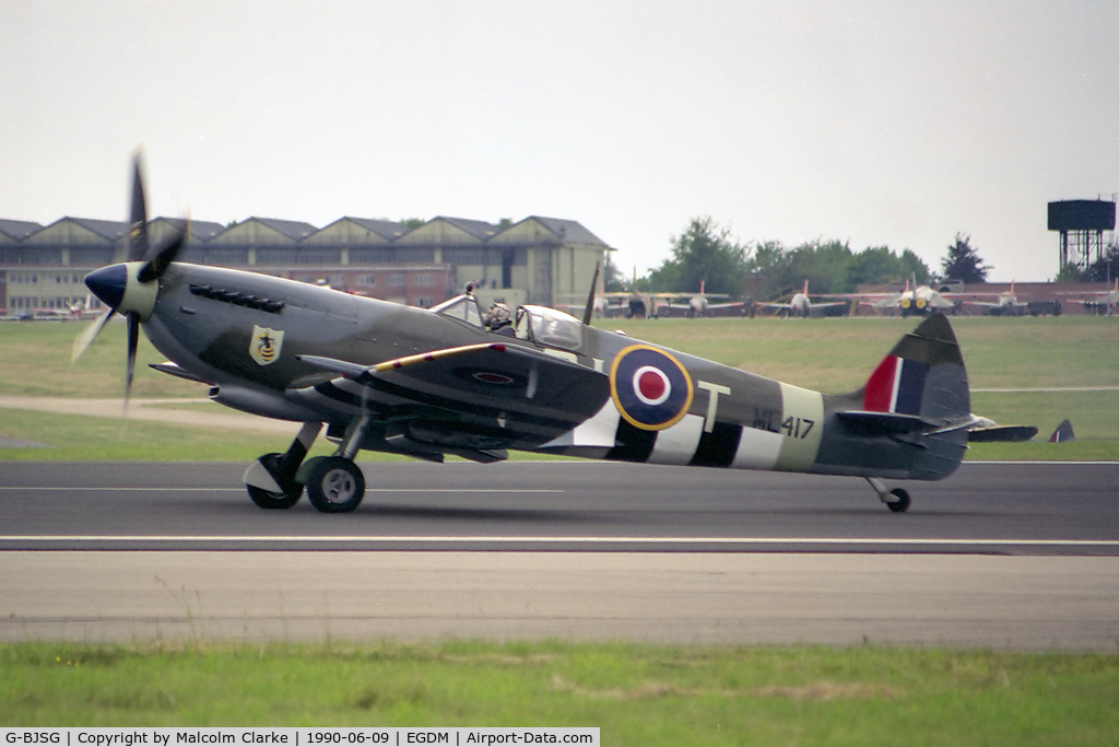 G-BJSG, 1944 Supermarine 509 Spitfire TR.9 C/N 6S/735188, Supermarine 361 Spitfire LF9C at the 1990 BoB Airshow at Boscombe Down.