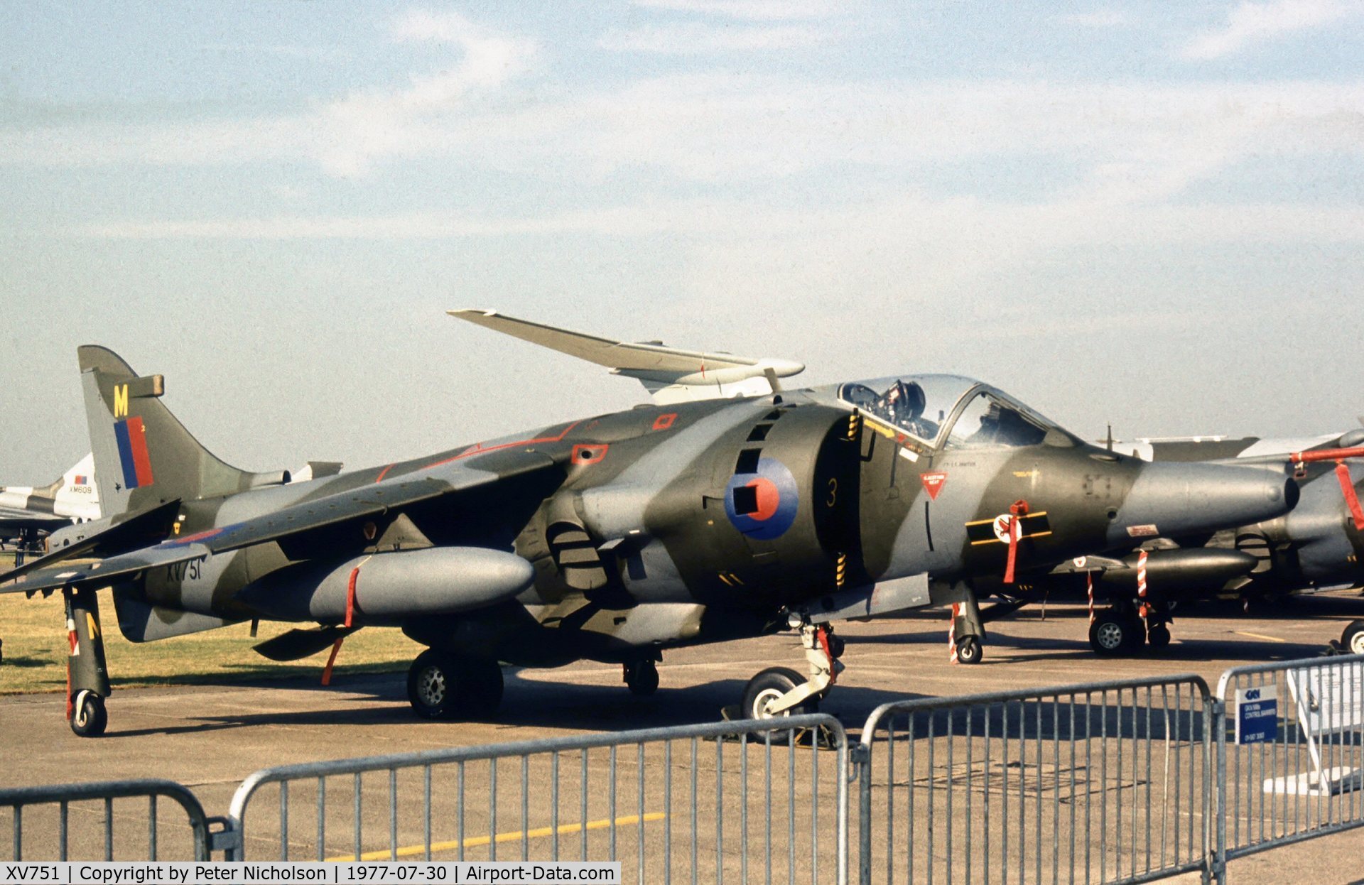 XV751, 1969 Hawker Siddeley Harrier GR.3 C/N 712014, Harrier GR.3 of 3 Squadron on display at the 1977 Royal Review at RAF Finningley.