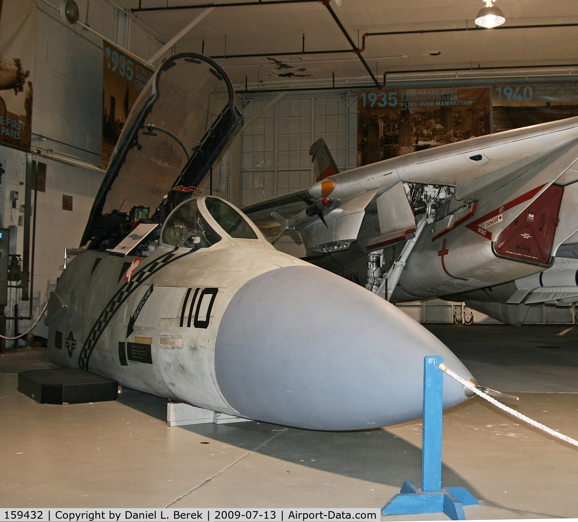 159432, 1974 Grumman F-14A Tomcat C/N 98, Nose section, formerly used as a pilot trainer, has been preserved at the Cradle of Aviation Museum.