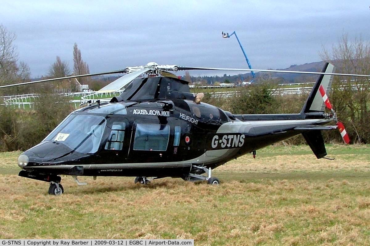 G-STNS, 1985 Agusta A-109A-2 C/N 7324, Agusta A.109A-II [7324] Cheltenham~G 12/03/2009. Seen at Cheltenham Racecourse during Gold Cup Week.