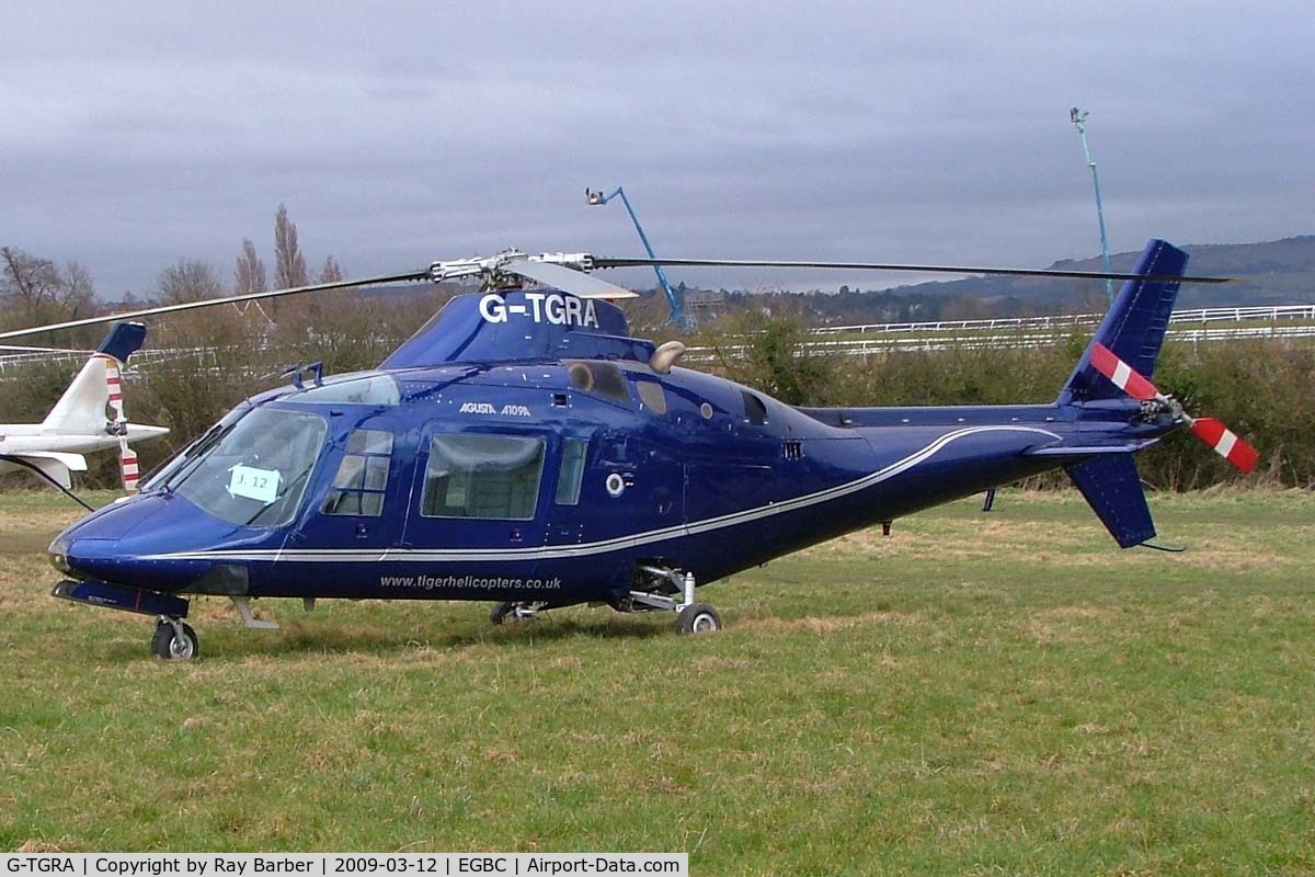 G-TGRA, 1982 Agusta A-109A Hirundo C/N 7201, Agusta A.109A [7201] Cheltenham~G 12/03/2009. Seen at Cheltenham Racecourse during Gold Cup Week.