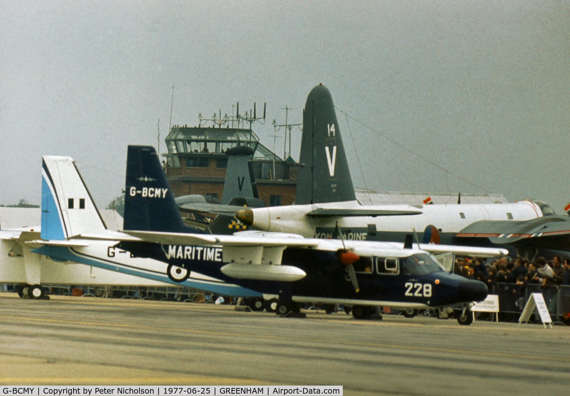 G-BCMY, 1974 Britten-Norman BN-2T Islander C/N 419, Maritime Defender version of the Islander at the 1977 Intnl Air Tattoo at RAF Greenham Common still displaying the Paris Air Show number 228 from earlier in the year.