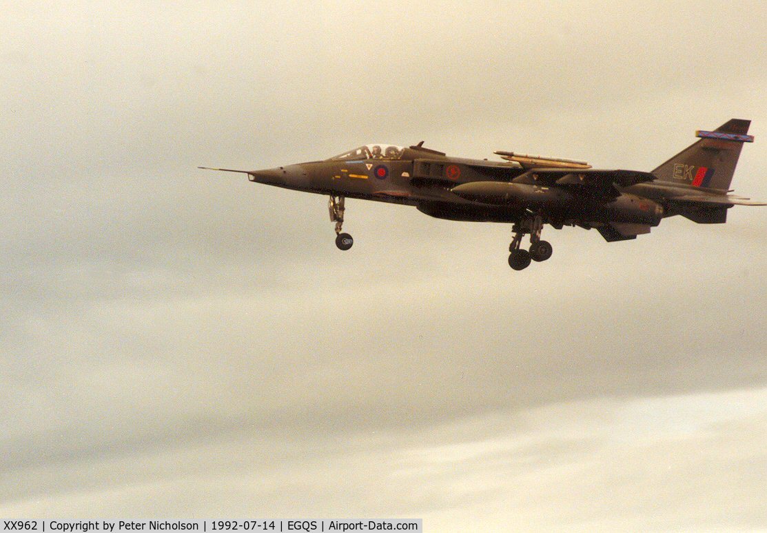 XX962, 1975 Sepecat Jaguar GR.1A C/N S.84, Jaguar GR.1A of RAF Coltishall's 6 Squadron on final approach to RAF Lossiemouth in the Summer of 1992.