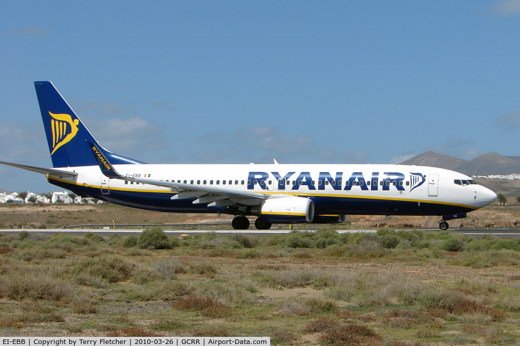 EI-EBB, 2009 Boeing 737-8AS C/N 37519, Ryanair B737 at Arrecife , Lanzarote in March 2010