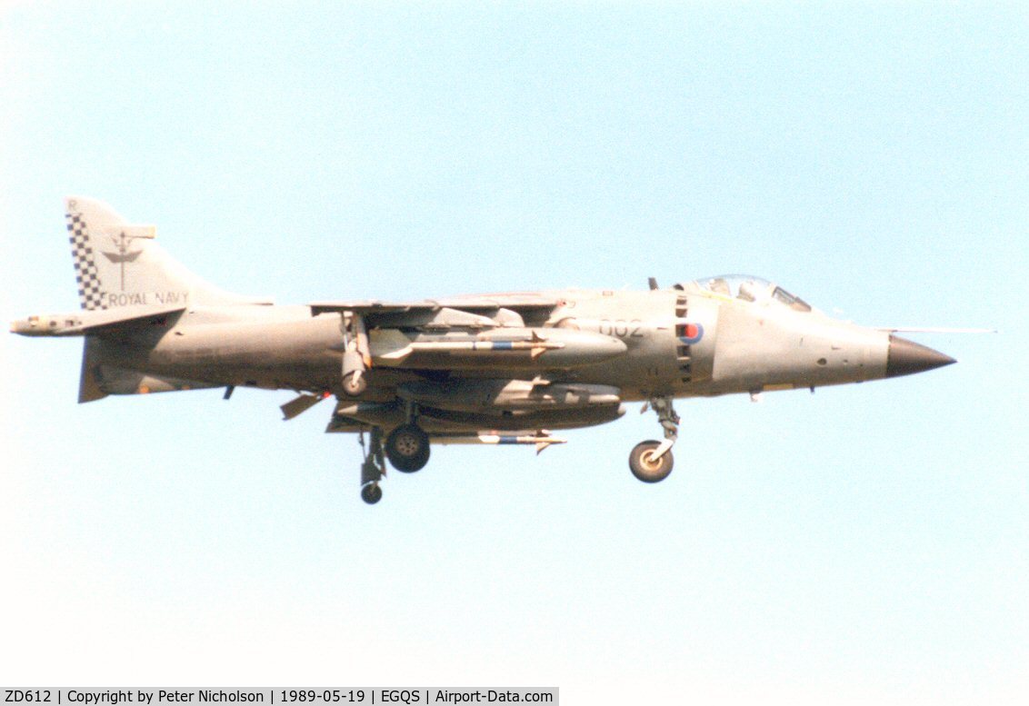 ZD612, 1985 British Aerospace Sea Harrier FRS.1 C/N 41H-912051/B45/P7, Sea Harrier FRS.1 of 801 Squadron landing at RAF Lossiemouth in May 1989.