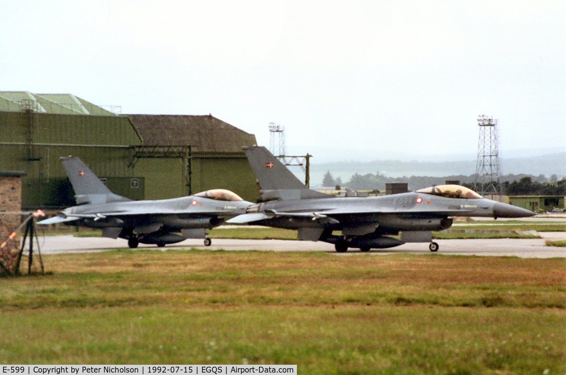 E-599, 1980 SABCA F-16AM Fighting Falcon C/N 6F-34, F-16A Falcon of Esk 730 Royal Danish Air Force leading the flight to the active runway at RAF Lossiemouth in the Summer of 1992.