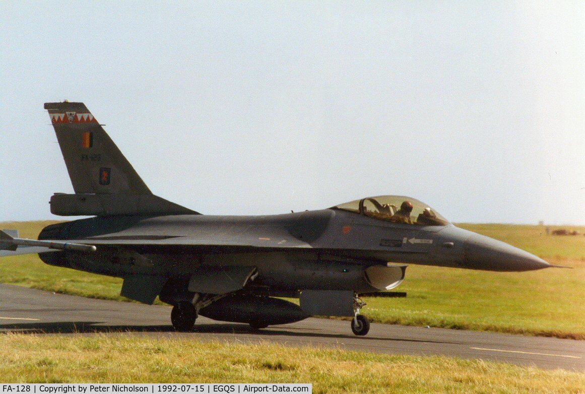 FA-128, SABCA F-16AM Fighting Falcon C/N 6H-128, F-16A Falcon of 2 Wing Belgian Air Force taxying to Runway 05 at RAF Lossiemouth in the Summer of 1992.
