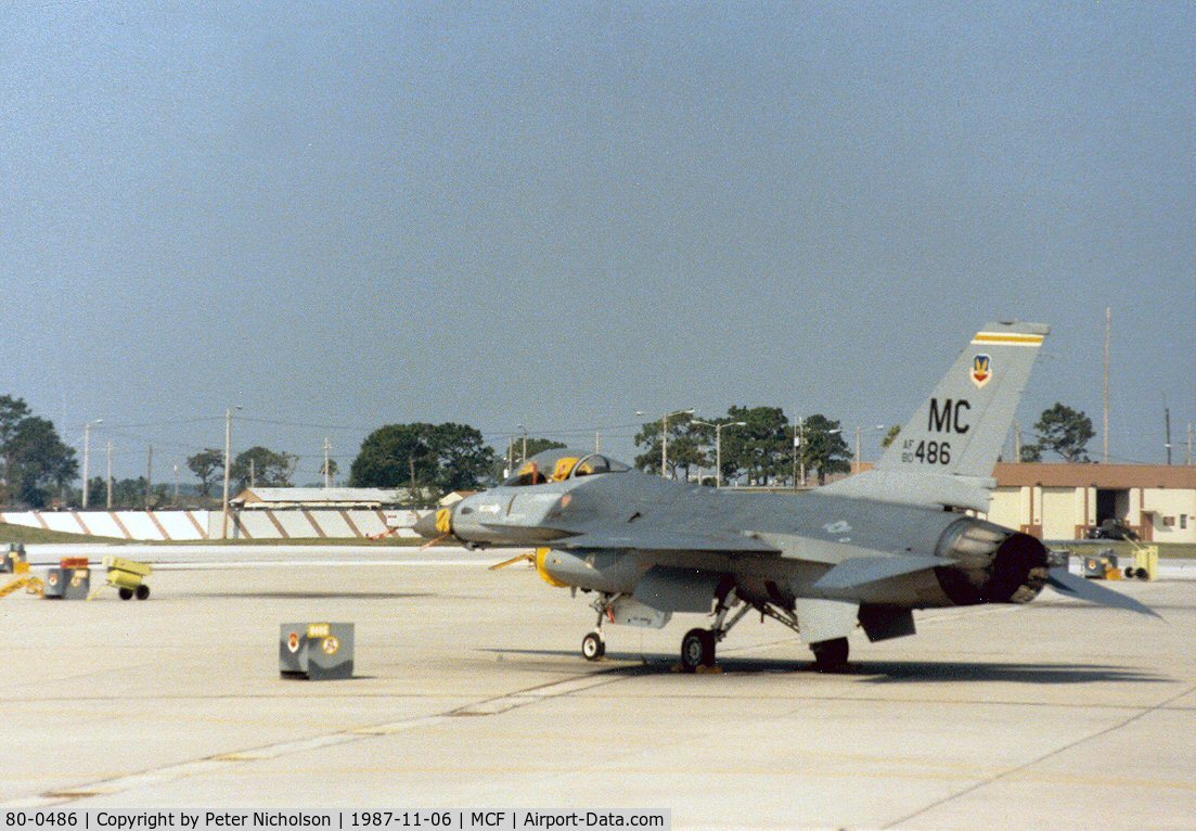 80-0486, 1980 General Dynamics F-16A Fighting Falcon C/N 61-207, F-16A Falcon of 61st Tactical Fighter Training Squadron at MacDill AFB in November 1987.