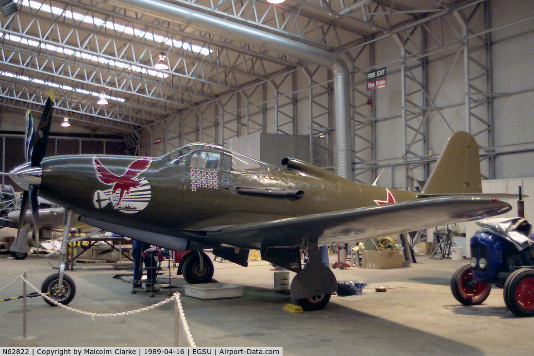 N62822, 1945 Bell P-63C-5-BE Kingcobra C/N 33-978, Bell RP-63C Kingcobra of the Fighter Collection in Soviet Air Force markings at The imperial War Museum in 1989. Crashed near La Ferte-Alais in France on 4.6.90 and was written off. 