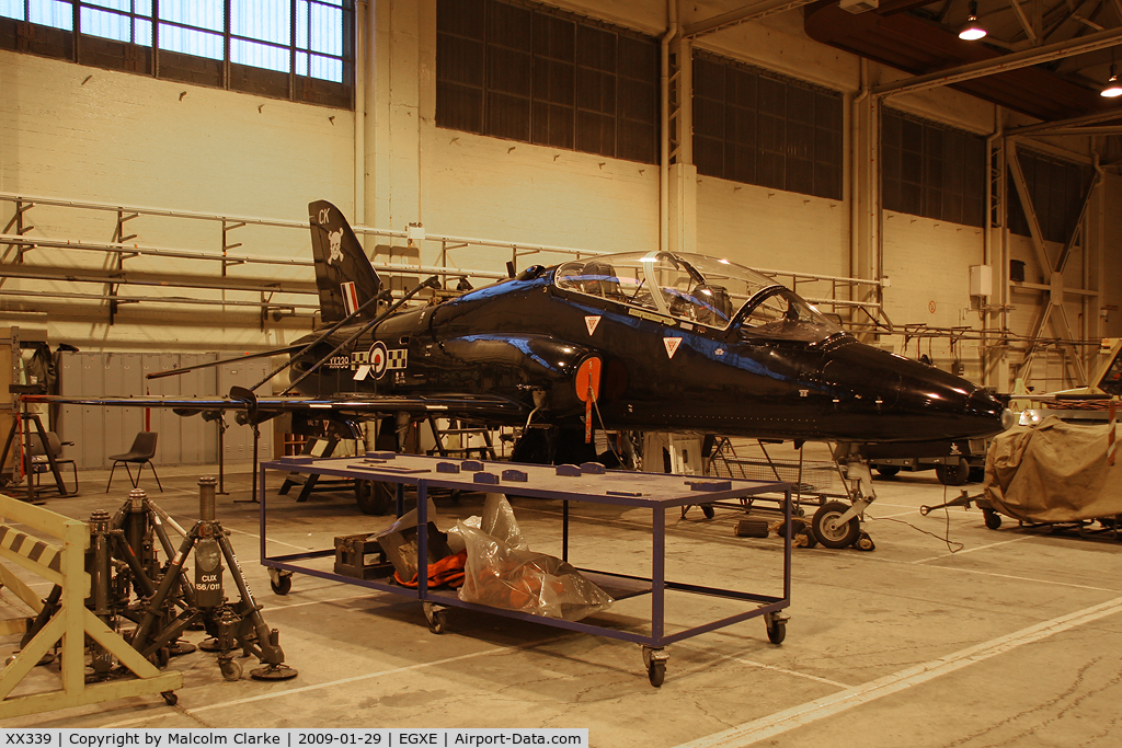 XX339, 1981 Hawker Siddeley Hawk T.1A C/N 188/312163, British Aerospace Hawk T1W in the 100 Sqn hangar at RAF Leeming in 2009.