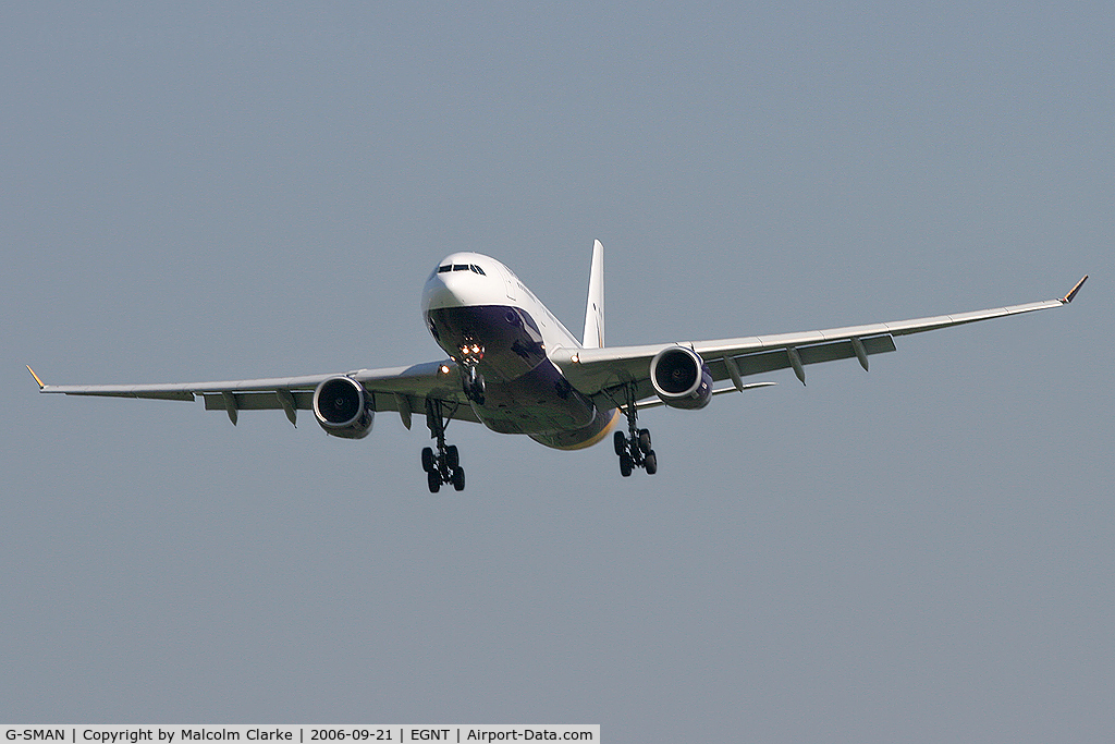 G-SMAN, 1999 Airbus A330-243 C/N 261, Airbus A330-243 on finals to Rwy 25 at Newcastle Airport in 2006.