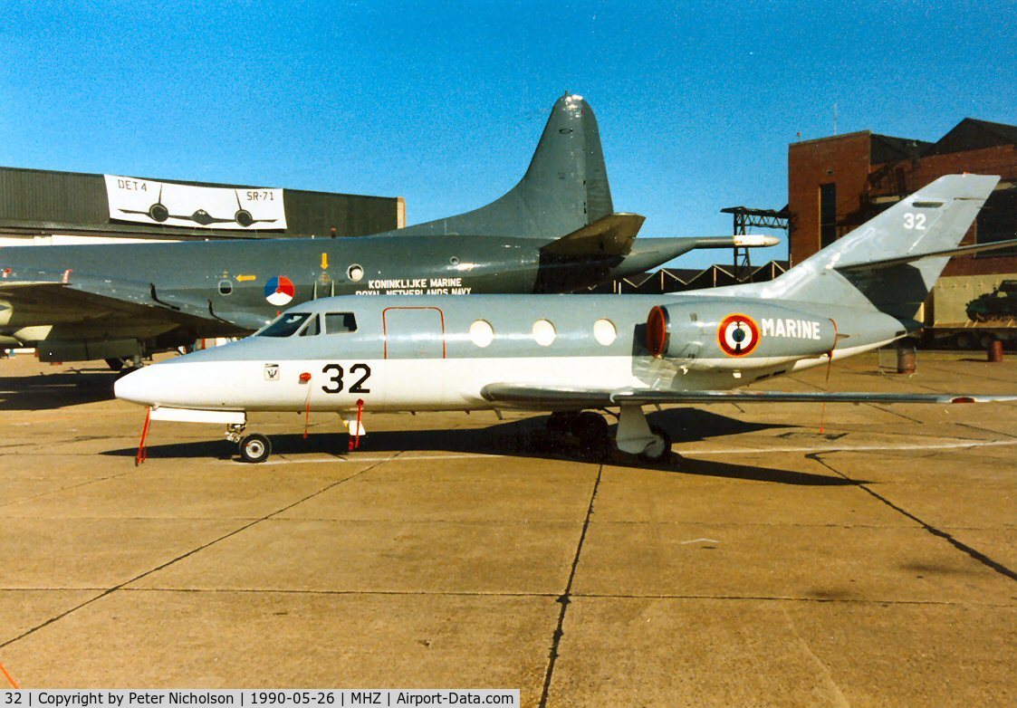 32, 1974 Dassault Falcon 10MER C/N 32, Falcon 10MER of French Aeronavale unit 57S on display at the 1990 RAF Mildenhall Air Fete.