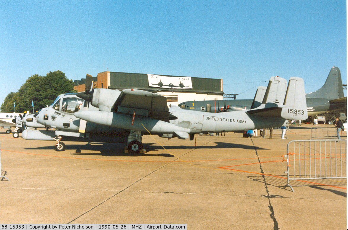 68-15953, 1969 Grumman OV-1C Mohawk C/N 157C, OV-1D Mohawk of Wiesbaden's 1st Military Intelligence Battalion on display at the 1990 RAF Mildenhall Air Fete.