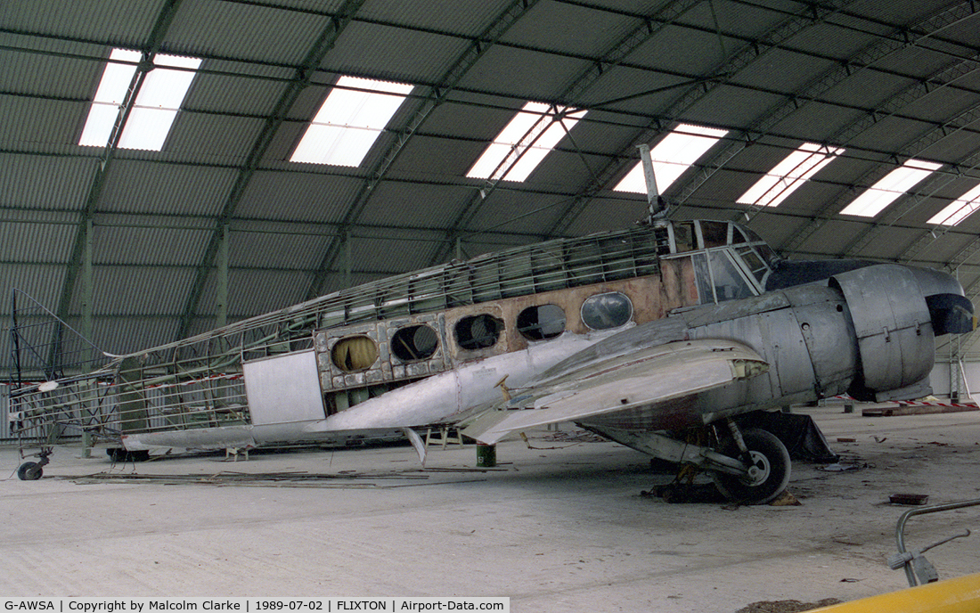 G-AWSA, Avro 652A Anson C.19 Srs 2 C/N 293483, Avro C19 Series 2 Anson under renovation at the Norfolk and Suffolk Air Museum, Flixton, Suffolk.