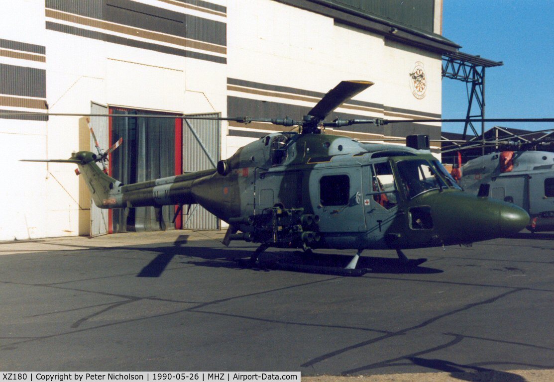XZ180, 1978 Westland Lynx AH.1 C/N 055, Lynx AH.1 of 3 Commando Brigade Air Squadron on display in the static park at the 1990 RAF Mildenhall Air Fete.