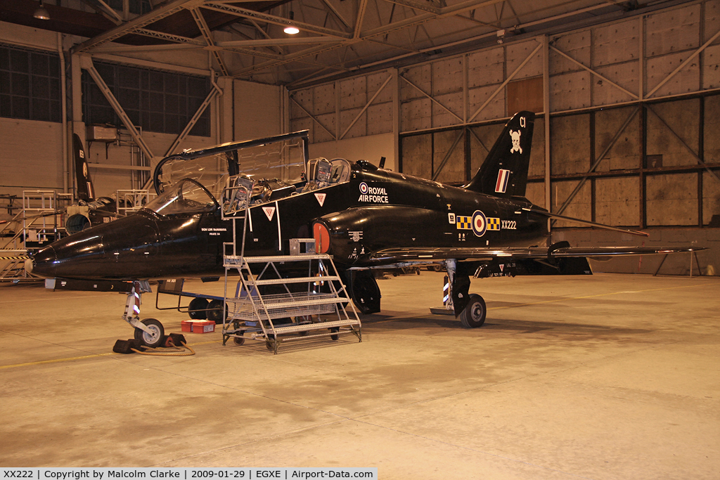 XX222, 1978 Hawker Siddeley Hawk T.1A C/N 058/312058, British Aerospace Hawk T1A in the 100 Sqn hangar at RAF Leeming in 2009.