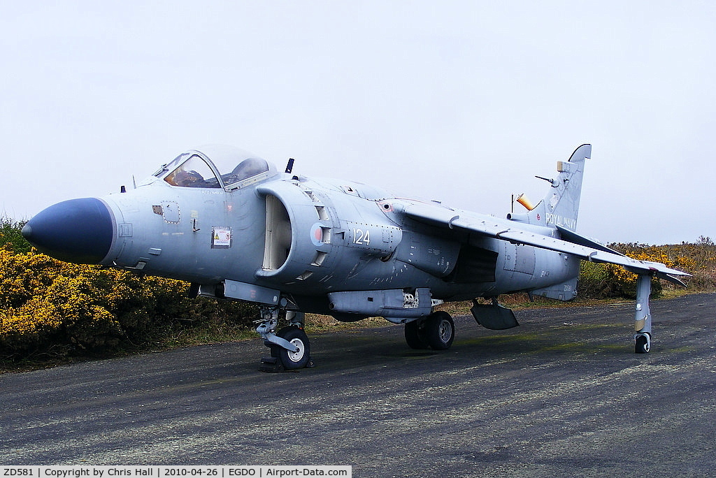 ZD581, 1985 British Aerospace Sea Harrier F/A.2 C/N 912044/B38/P31, at the Royal Naval School of Fire Fighting, Predannack Airfield, Cornwall