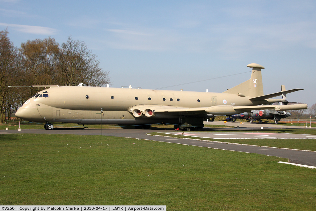 XV250, Hawker Siddeley Nimrod MR.2 C/N 8025, Hawker Siddeley Nimrod MR2. The latest arrival at the Yorkshire Air Museum in 2010; to be maintained in full ground operational capacity as a 'live' aircraft.