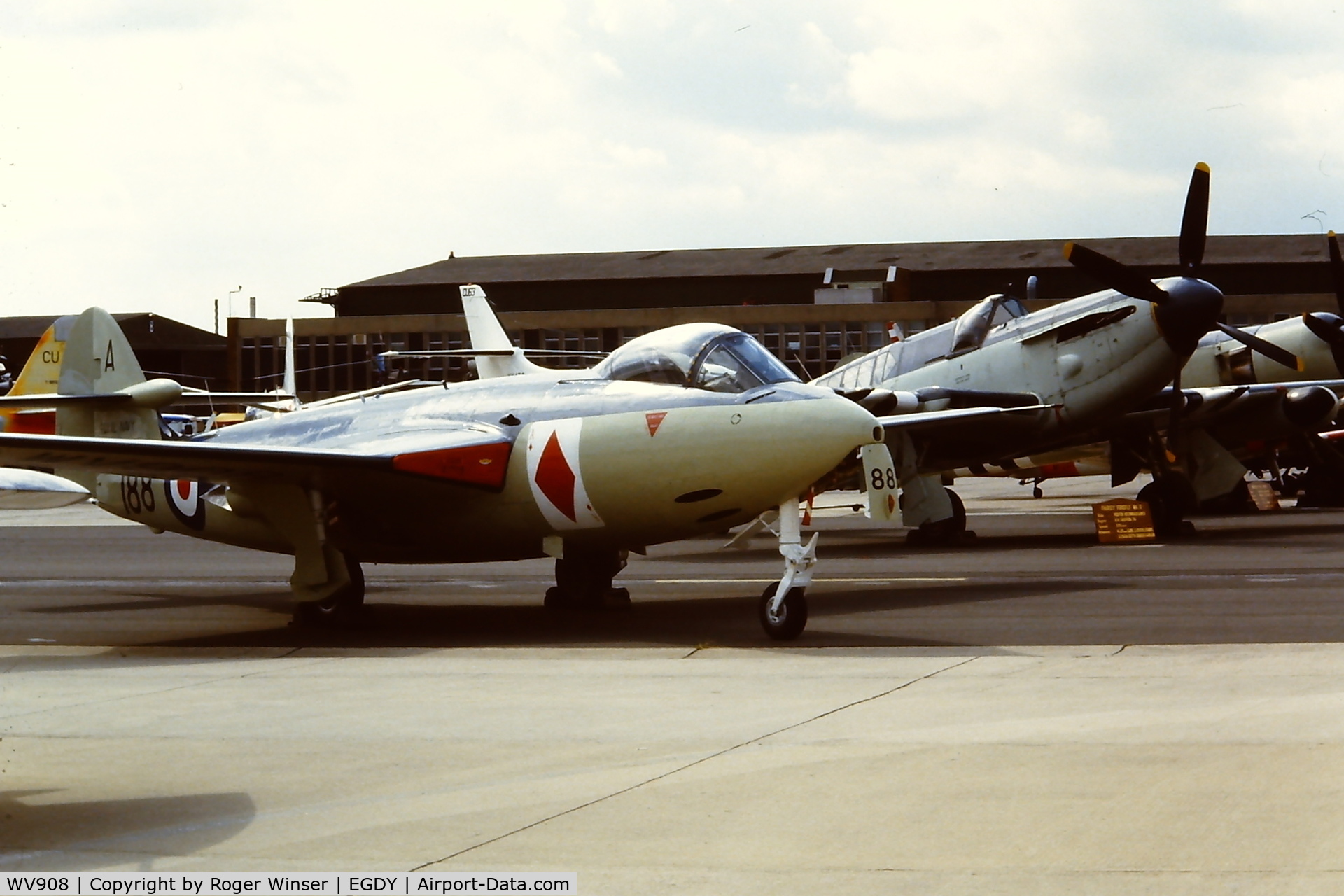 WV908, 1954 Hawker Sea Hawk FGA.6 C/N 6123, In 806 NAS markings, coded 188/A. Part of the RNHF based at RNAS Yeovilton. Photographed with the Fairey Firefly and Hawker Sea Fury in 1983?