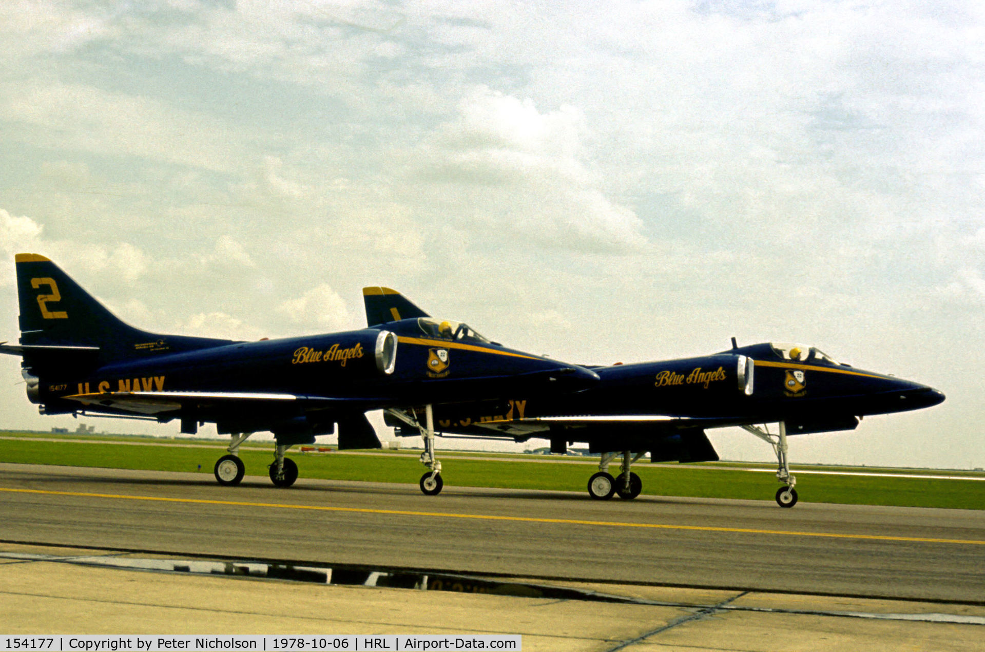 154177, Douglas A-4F Skyhawk C/N 13634, Aircraft number 2 of the Blue Angels aerobatic display team taxying to the active runway at the 1978 Confederate Air Force's Airshow at Harlingen.