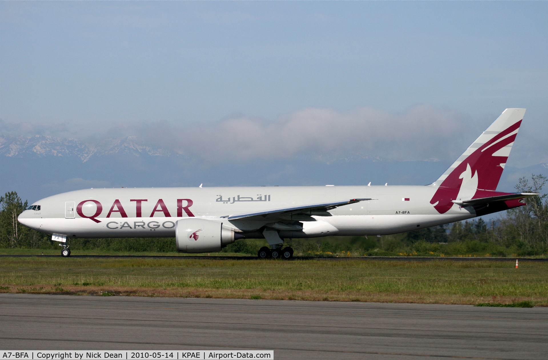 A7-BFA, 2010 Boeing 777-FDZ C/N 36098, KPAE Boeing 111 taxying for 34L departure for a KPAE-KPAE 55 minute flight (1st 777-200F for Qatar)