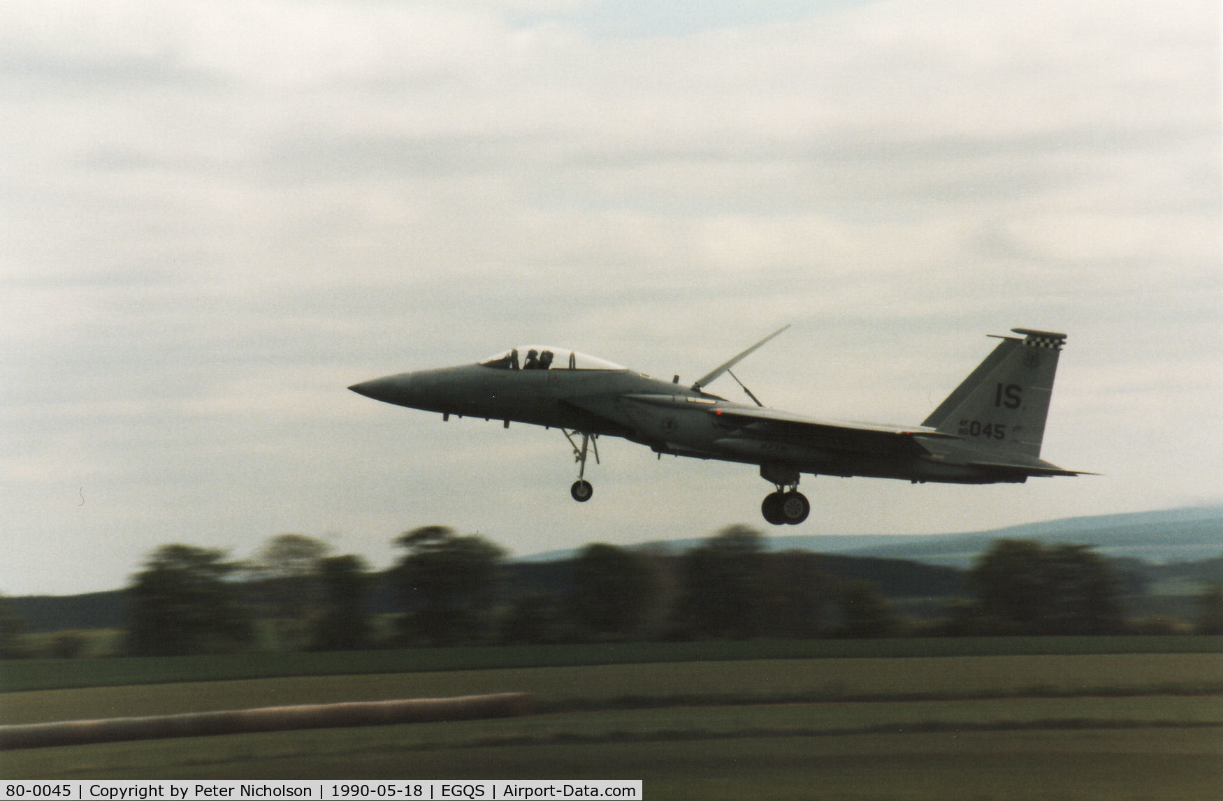 80-0045, 1980 McDonnell Douglas F-15C Eagle C/N 0715/C194, F-15C Eagle of 57th Fighter Interceptor Squadron landing at RAF Lossiemouth in May 1990.