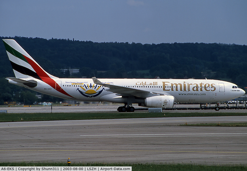 A6-EKS, 1999 Airbus A330-243 C/N 283, Taxiing to the terminal with Dubai Summer Suprise logojet