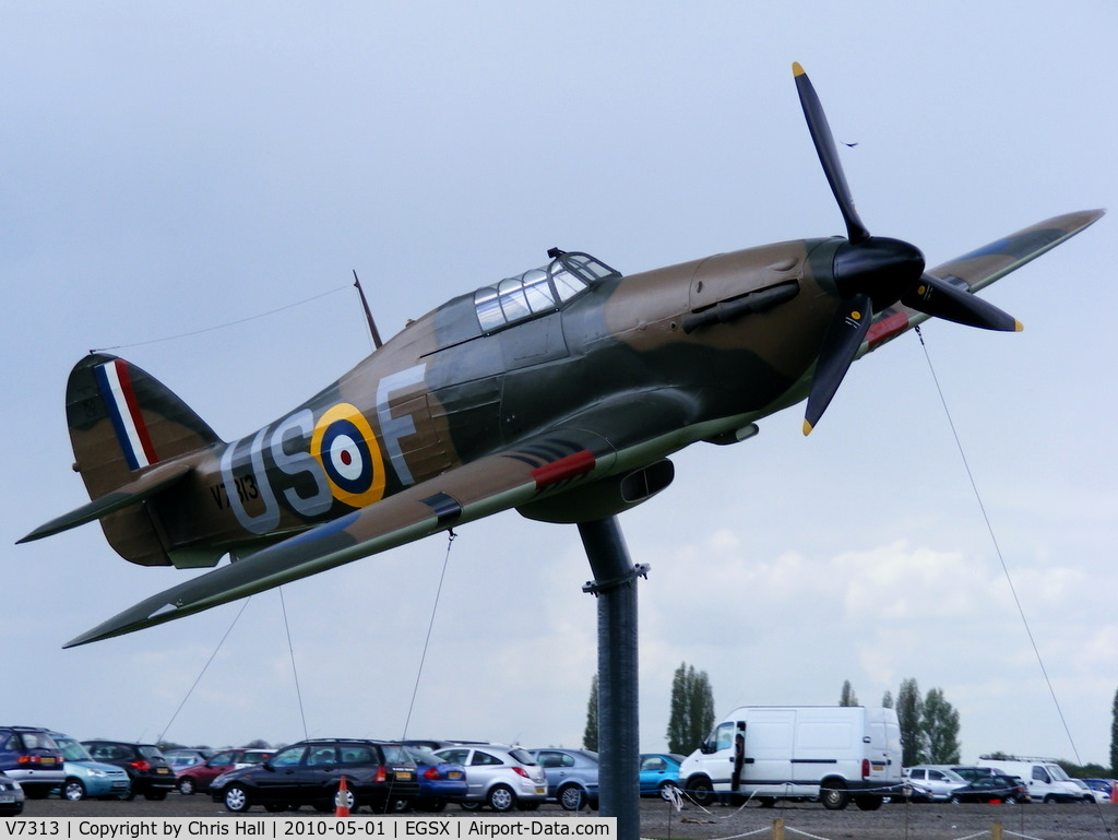 V7313, Hawker Hurricane I Replica C/N Not found V7313, Hawker Hurricane 1 (Replica) gate guardian at North Weald
