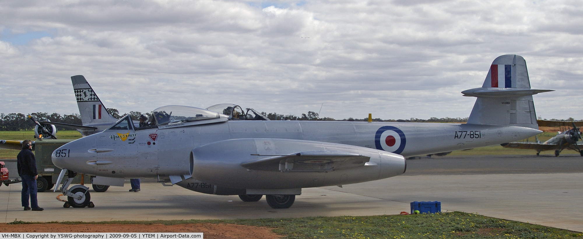 VH-MBX, 1950 Gloster Meteor F.8 C/N G5/361641, Former RAF Gloster Meteor (c/n G5/361641) F.8 now painted up as RAAF A77-851 (Halestorm), which is the only flying Gloster Meteor f.8 in the world, at Temora Aviation Museum.