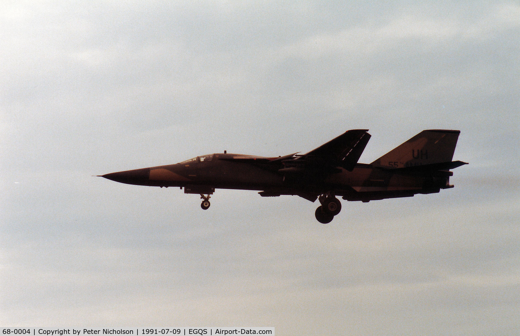 68-0004, 1968 General Dynamics F-111E Aardvark C/N A1-173, F-111E, callsign Acey 22, of 55th Tactical Fighter Squadron/20th Tactical Fighter Wing on a practice approach to RAF Lossiemouth in the Summer of 1991.