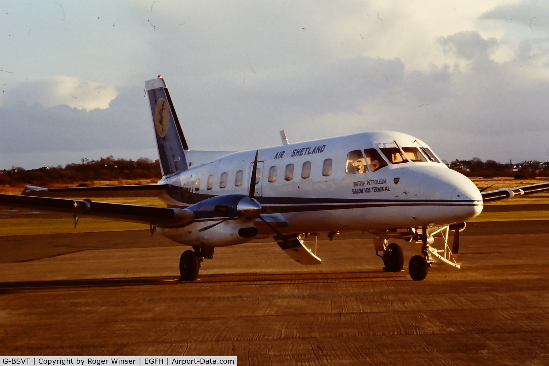 G-BSVT, 1977 Embraer EMB-110P2 Bandeirante C/N 110153, Air Shetland Bandeirante visiting Swansea Airport in the early 1980's. Carrying the inscription British Petroleum Sollum Voe Terminal