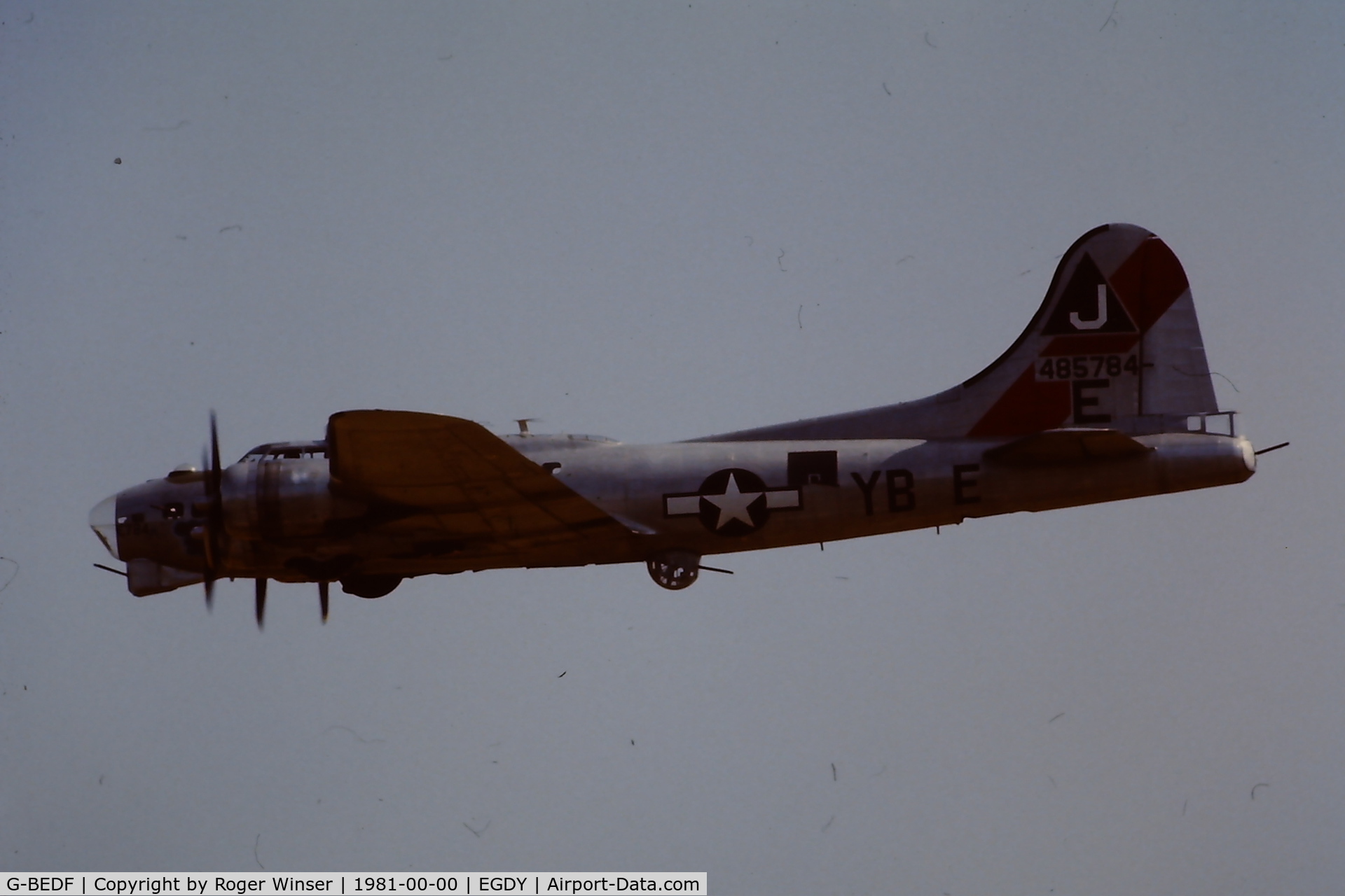 G-BEDF, 1944 Boeing B-17G Flying Fortress C/N 8693, 44-85784 as YB-E Ginger Rogers at RNAS Yeovilton Naval Air Day 1981? Repainted olive drab she became Sally B