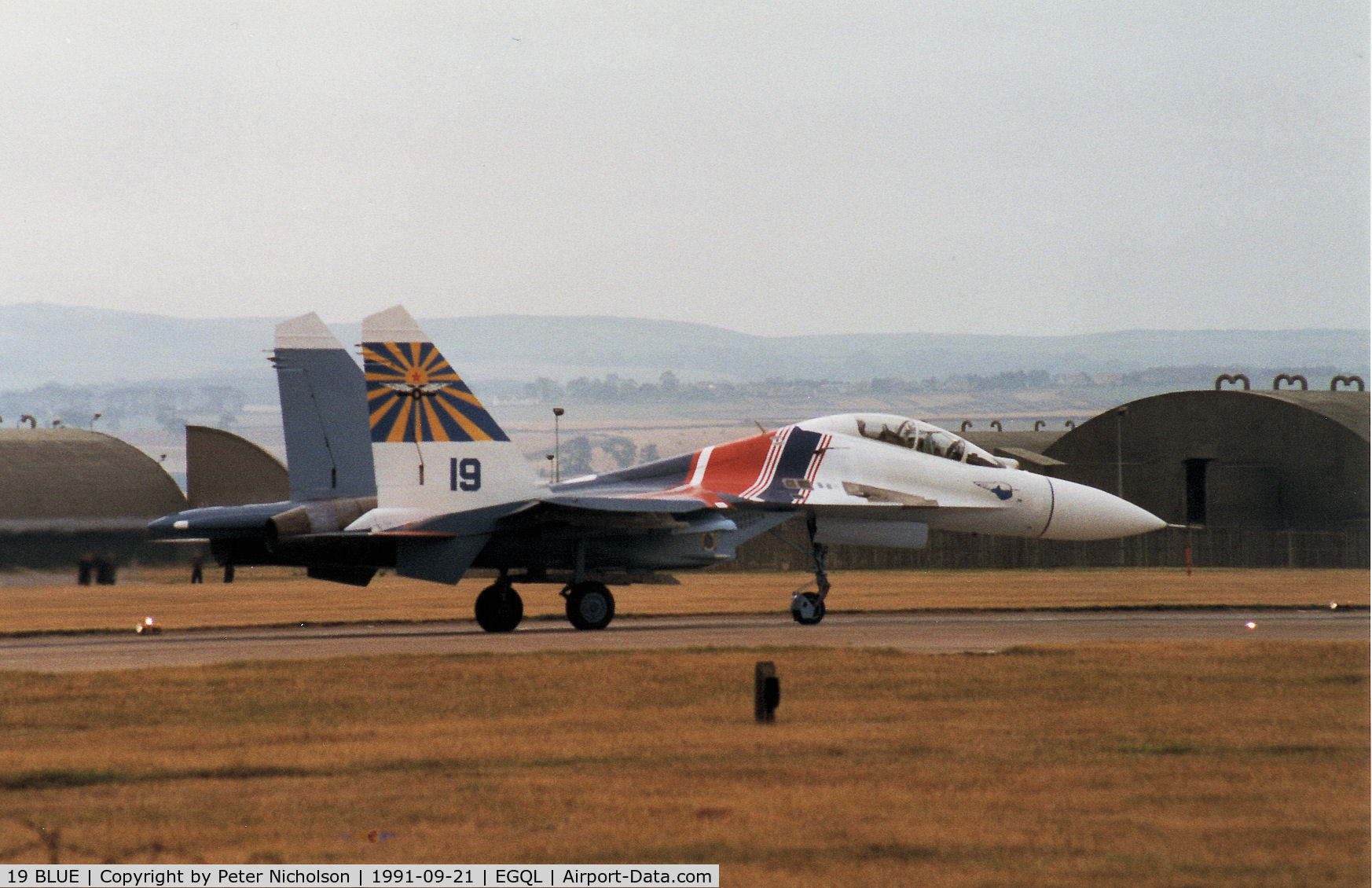 19 BLUE, Sukhoi Su-27UB C/N 1040807, Flanker C of the Russian Knights display team at the 1991 RAF Leuchars Airshow.