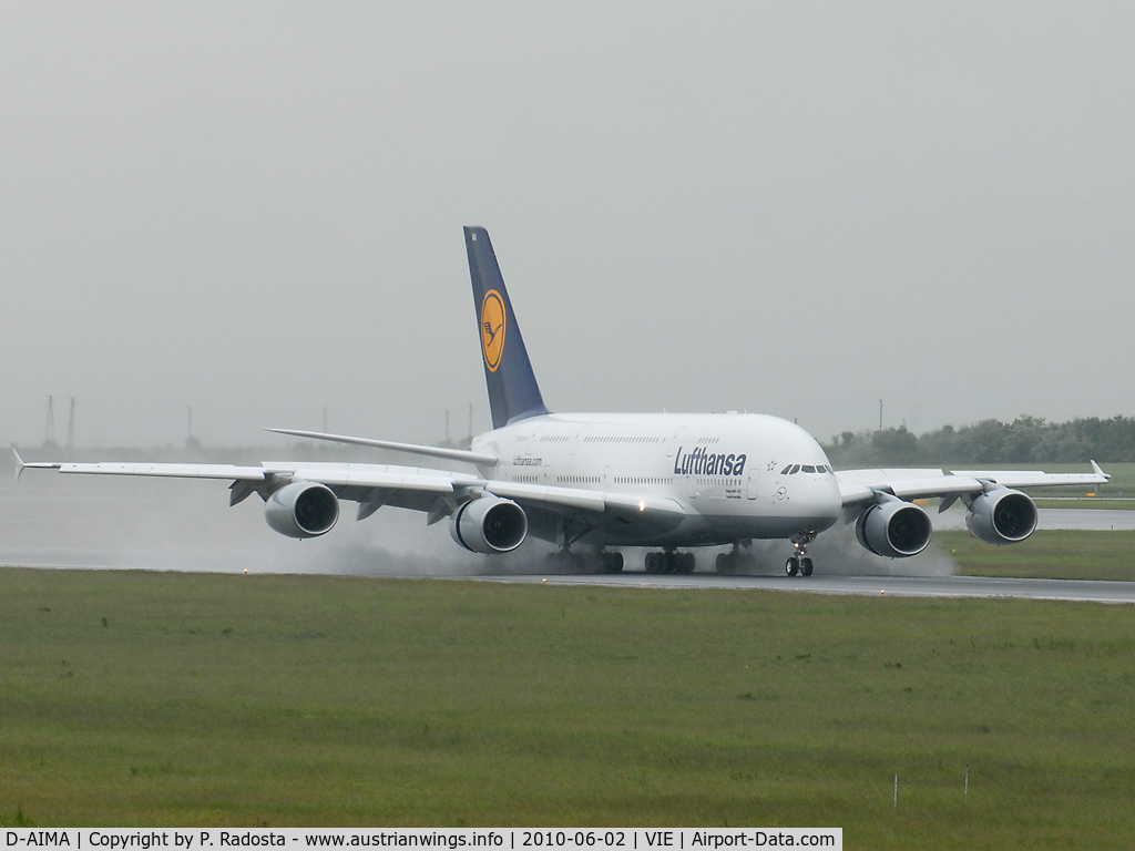 D-AIMA, 2010 Airbus A380-841 C/N 038, Revers! First landing in Austria at VIE RWY 34