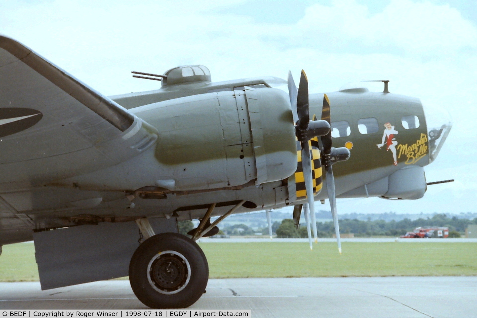 G-BEDF, 1944 Boeing B-17G Flying Fortress C/N 8693, As Memphis Belle at RNAS Yeovilton Air Day 1998