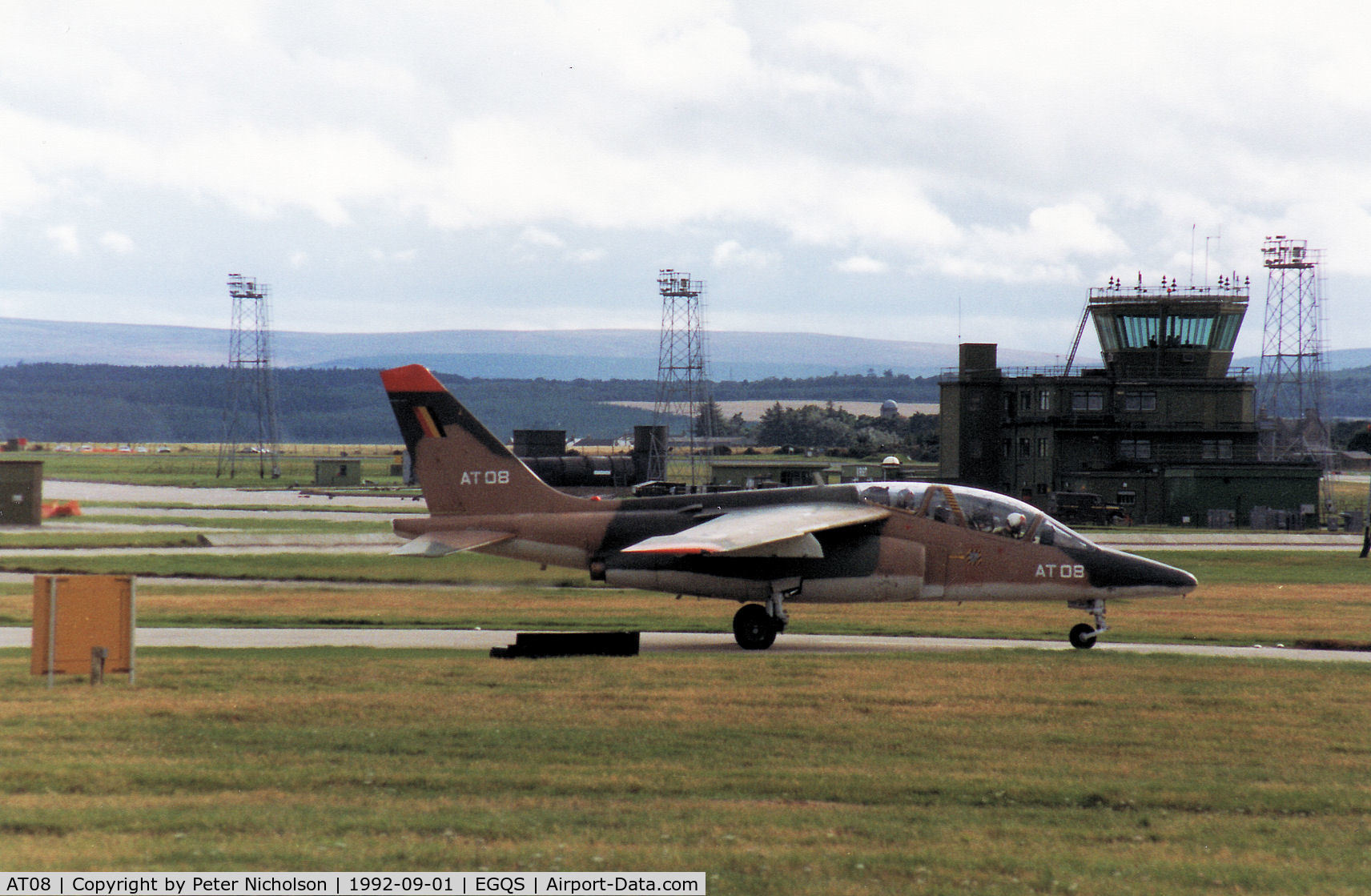 AT08, Dassault-Dornier Alpha Jet 1B C/N B08/1024, Alpha Jet of 9 Wing Belgian Air Force departing RAF Lossiemouth in September 1992.