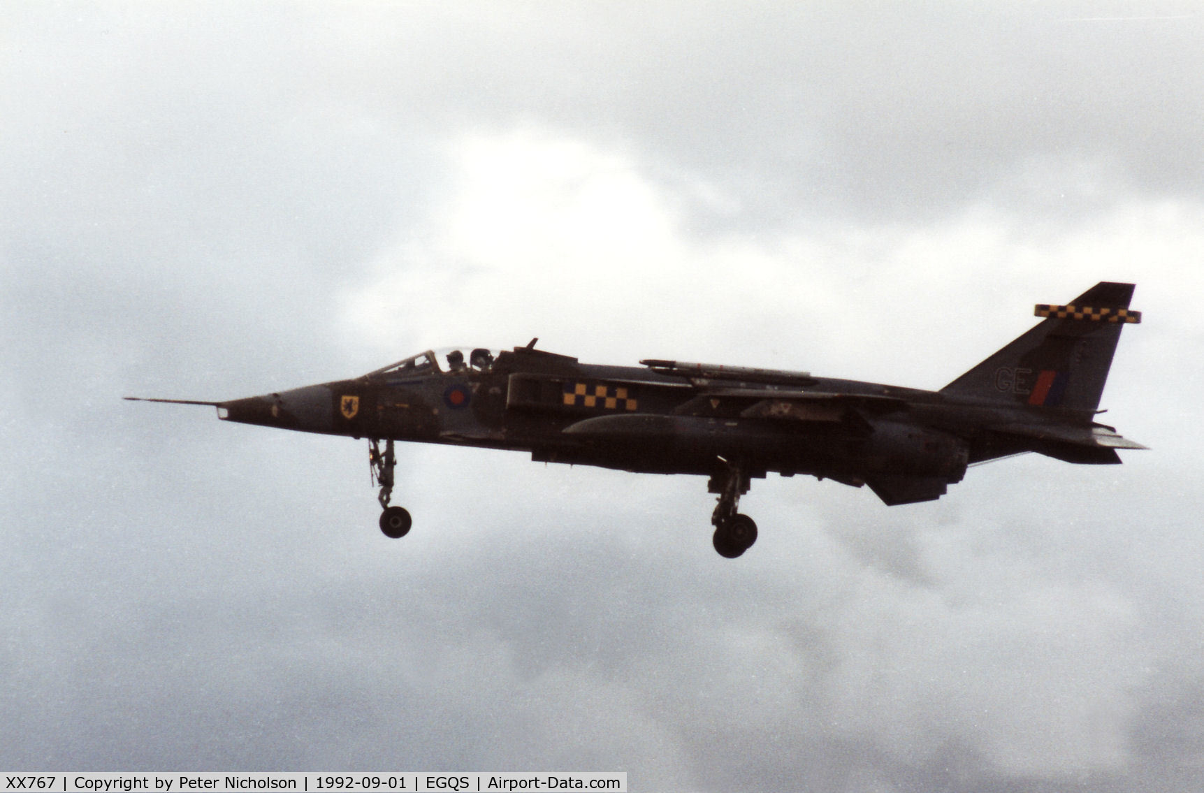 XX767, 1975 Sepecat Jaguar GR.1A C/N S.64, Jaguar GR.1A of 54 Squadron based at RAF Coltishall landing at RAF Lossiemouth in September 1992.