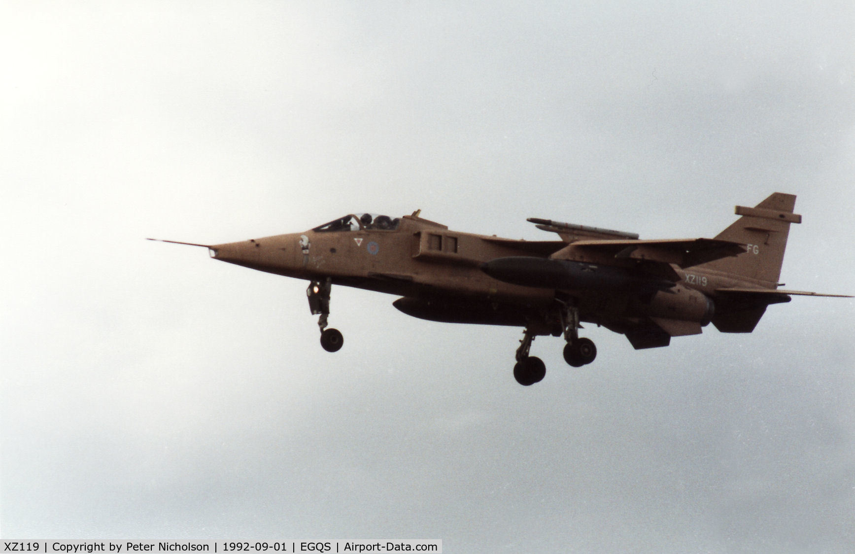 XZ119, 1976 Sepecat Jaguar GR.1A C/N S.120, Jaguar GR.1A named Katrina Jane of 41 Squadron based at RAF Coltishall landing at RAF Lossiemouth in September 1992.  The aircraft is now preserved at the National Museum of Flight at East Fortune.