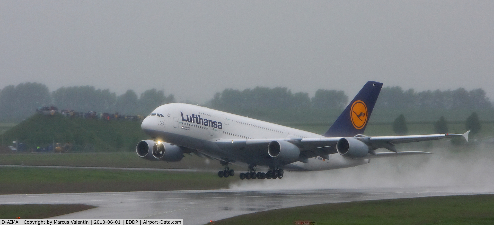 D-AIMA, 2010 Airbus A380-841 C/N 038, the first landing from the A380 / Lufthansa in leipzig youre welcome. what a bad weather for that nice aircraft.