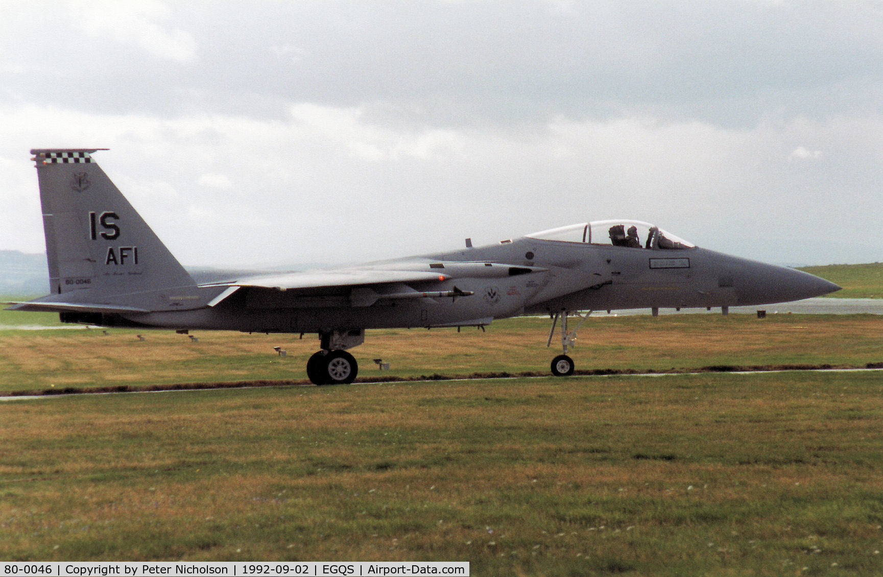 80-0046, McDonnell Douglas F-15C Eagle C/N 0717/C195, F-15C Eagle of 57th Fighter Squadron awaiting clearance to join the active runway at RAF Lossiemouth in September 1992.