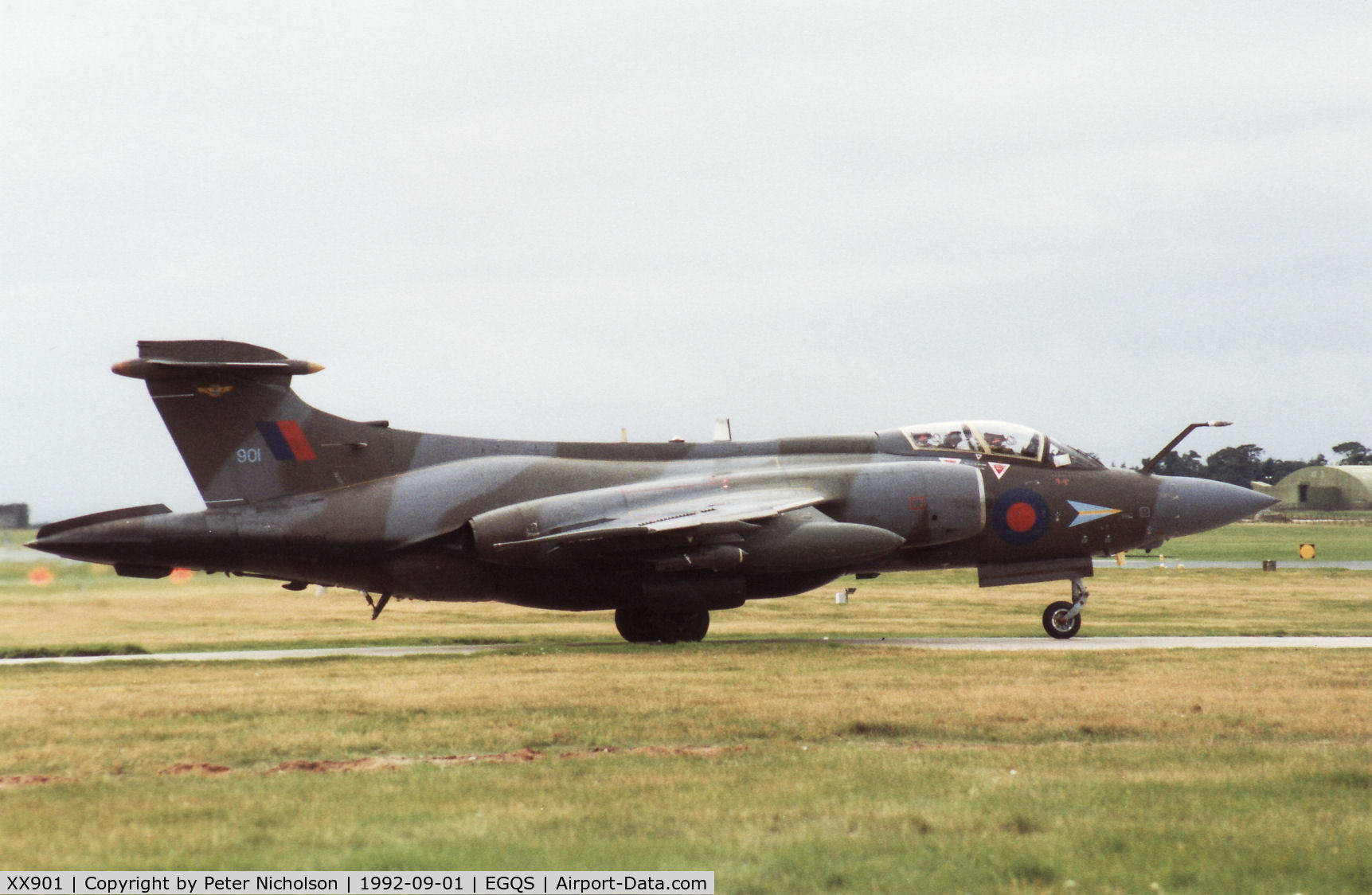 XX901, 1977 Hawker Siddeley Buccaneer S.2B C/N B3-06-75, Buccaneer S.2B of 208 Squadron awaiting clearance to join the active runway at RAF Lossiemouth in September 1992.