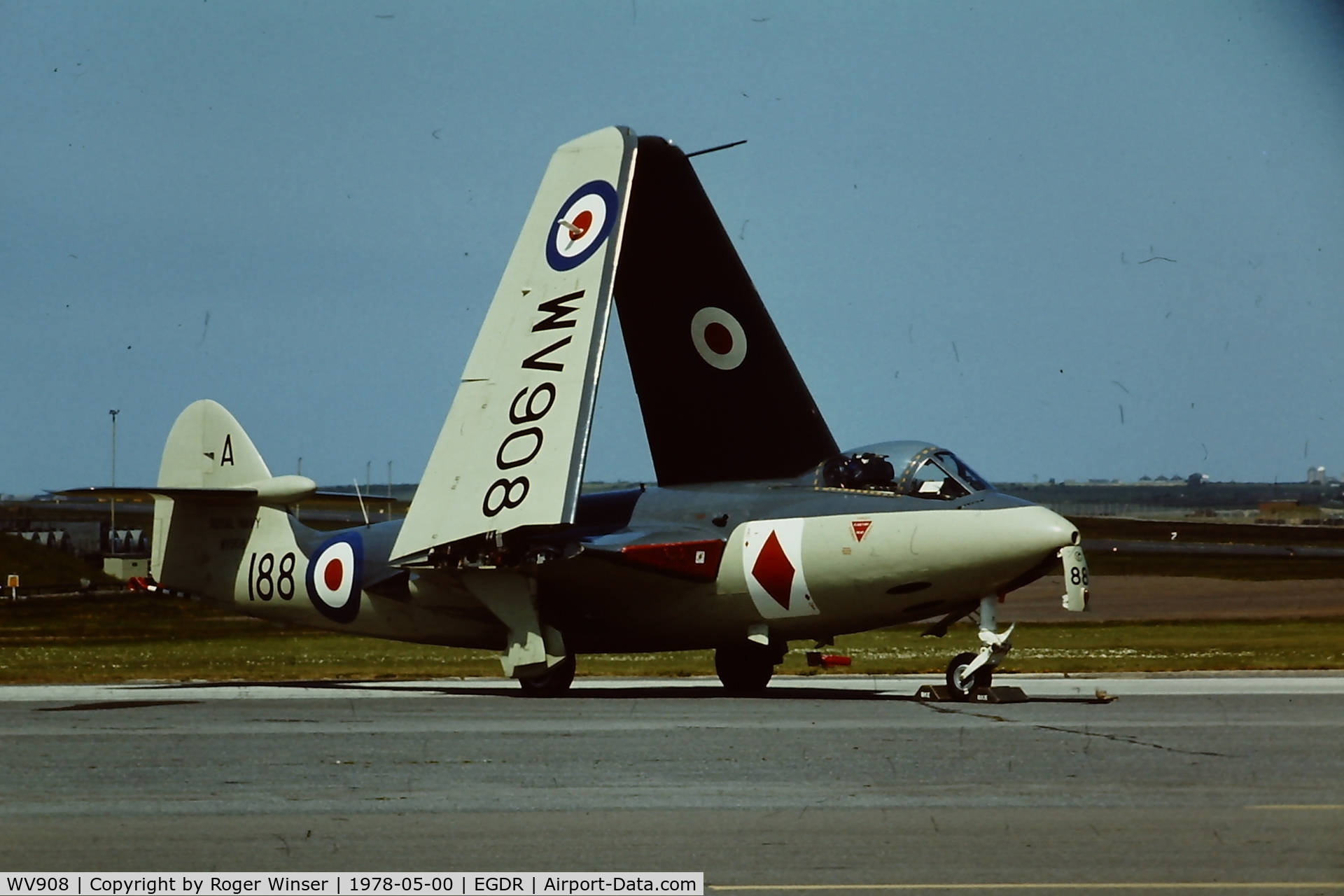 WV908, 1954 Hawker Sea Hawk FGA.6 C/N 6123, In 806 NAS markings and coded 188/A. Photographed in late May 1978 shortly after restoration to flying condition at RNAS Culdrose.