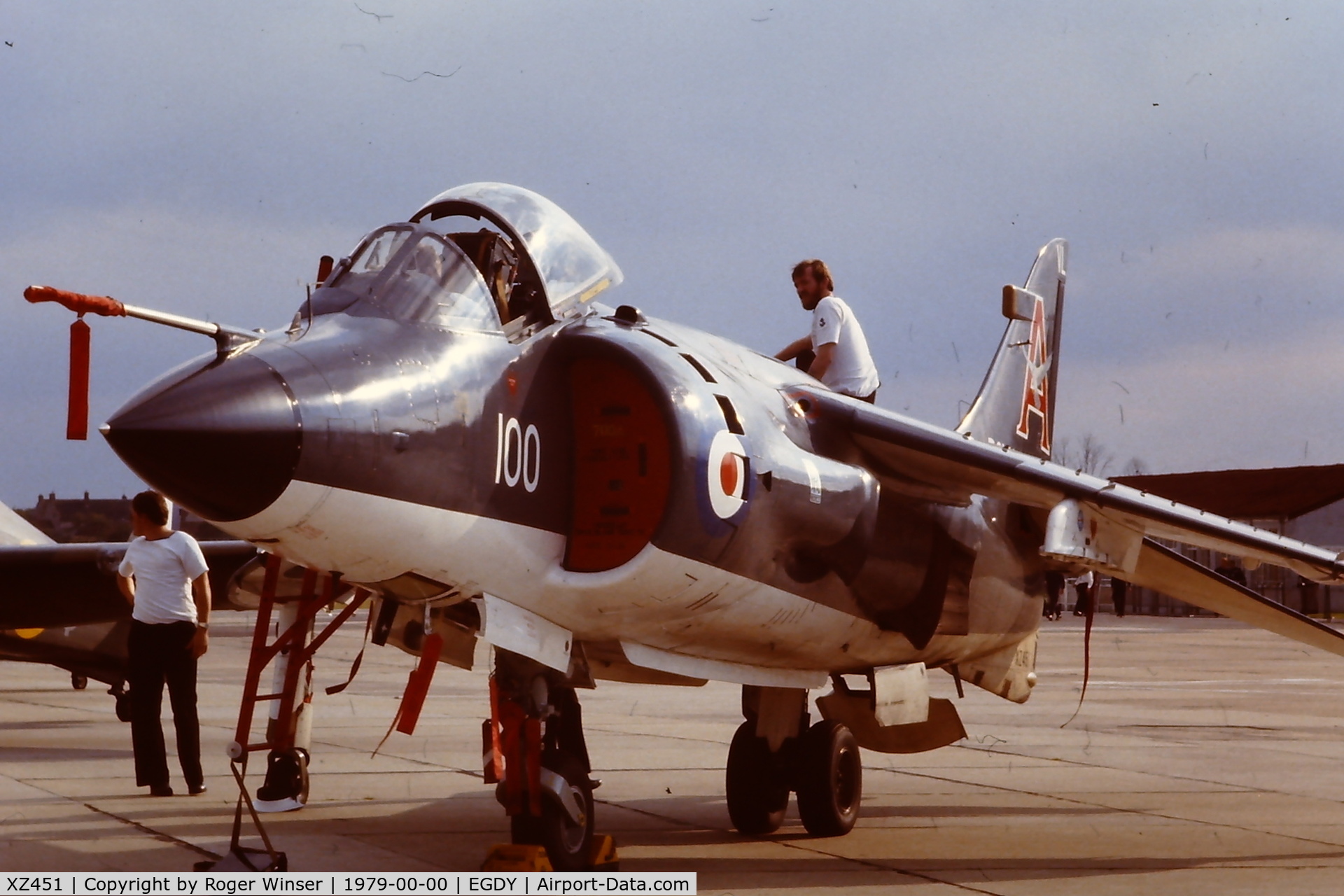 XZ451, 1979 British Aerospace Sea Harrier FRS.1 C/N 41H-912005, Coded 100/VL of 700NAS. The first Sea Harrier delivered to the RN. At the RNAS Yeovilton Air Day 1979.