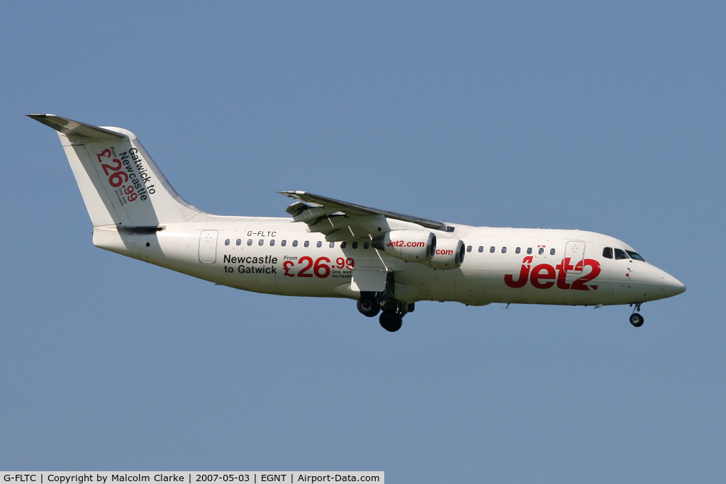 G-FLTC, 1991 British Aerospace BAe.146-300 C/N E3205, British Aerospace BAe-146-300 on approach to Rwy 07 at Newcastle Airport in May 2007.