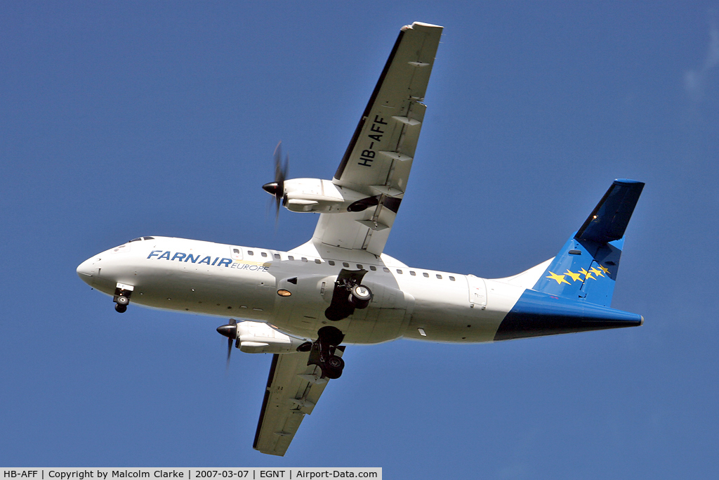 HB-AFF, 1991 ATR 42-320 C/N 264, ATR ATR-42-320 on approach to 25 at Newcastle Airport in March 2007.