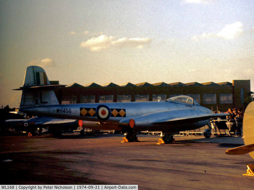WL168, Gloster Meteor F.8 C/N Not found WL168, Meteor F.8 marked as WH 456 of 616 (South Yorkshire) Squadron Royal Auxiliary Air Force on display at the 1974 RAF Finningley Airshow.