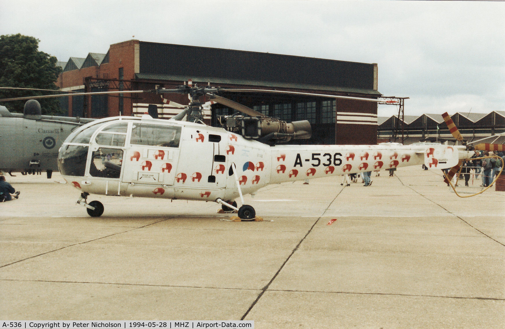 A-536, 1969 Sud SE-3160 Alouette III C/N 1536, Alouette III of 298 Squadron Royal Netherlands Air Force on display at the 1994 RAF Mildenhall Air Fete.