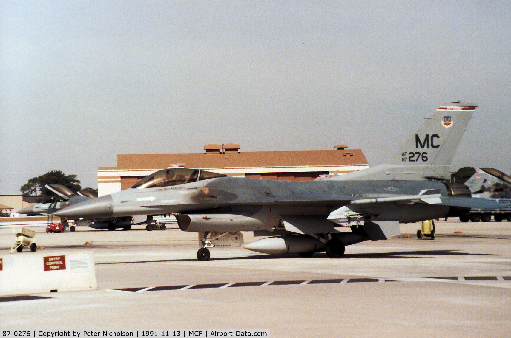 87-0276, 1987 General Dynamics F-16C Fighting Falcon C/N 5C-537, F-16C Falcon of 63rd Fighter Squadron/52nd Fighter Wing at MacDill AFB in November 1991.