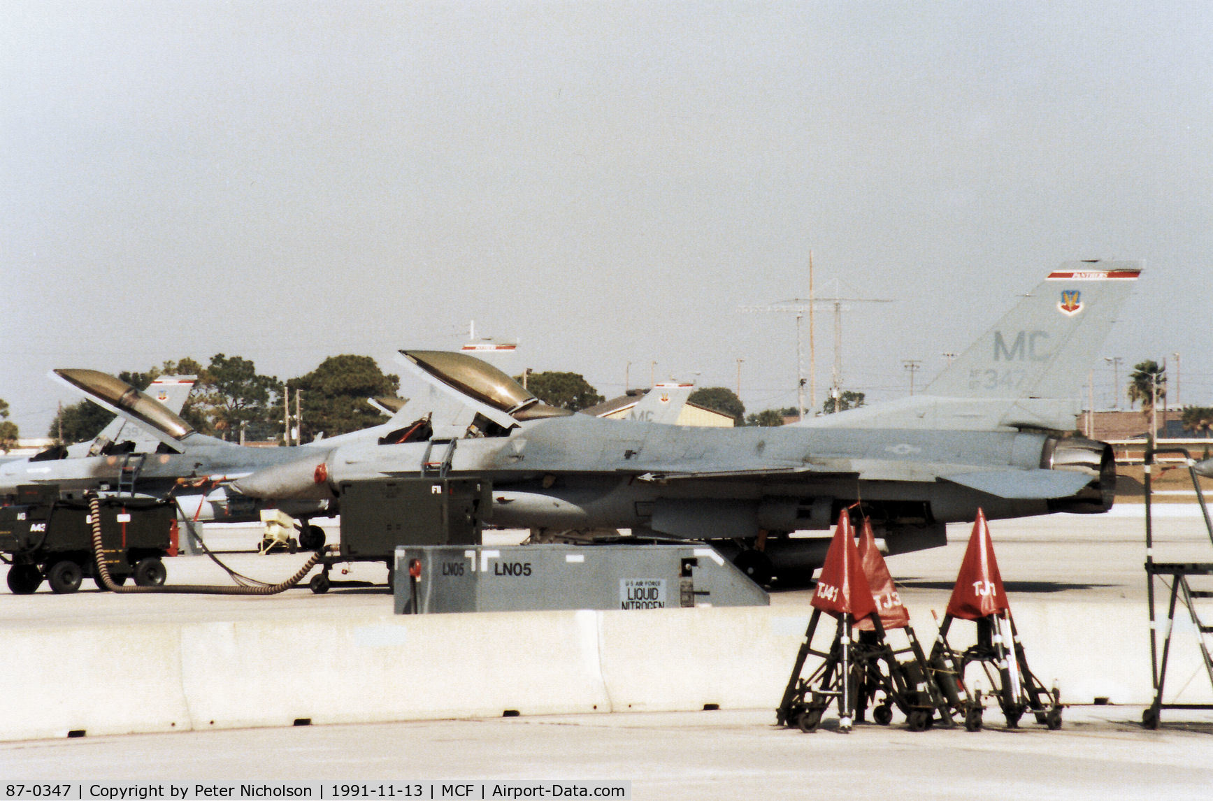 87-0347, 1987 General Dynamics F-16C Fighting Falcon C/N 5C-608, F-16C Falcon of 63rd Fighter Squadron/52nd Fighter Wing at MacDill AFB in November 1991.